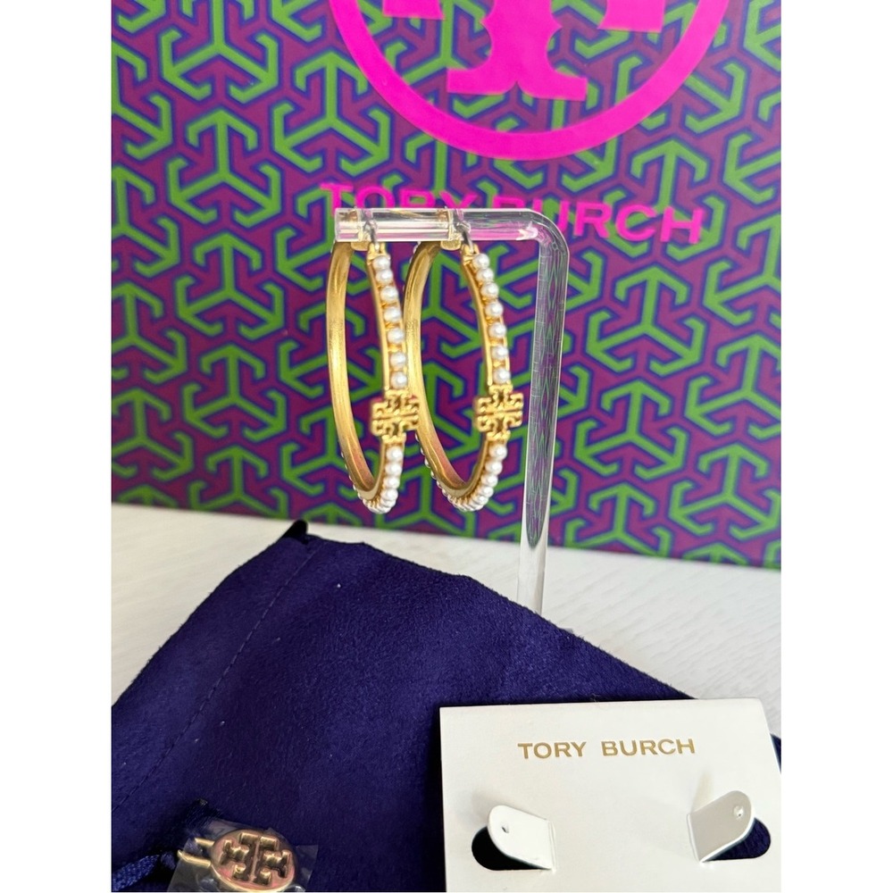 Tory Burch Britten Large T Logo Gold Tone Hoops Hoop Earrings w Imitation Pearls